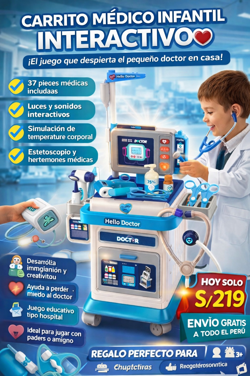 CARRITO MEDICO INFANTIL INTERACTIVO DE 37 PIEZAS