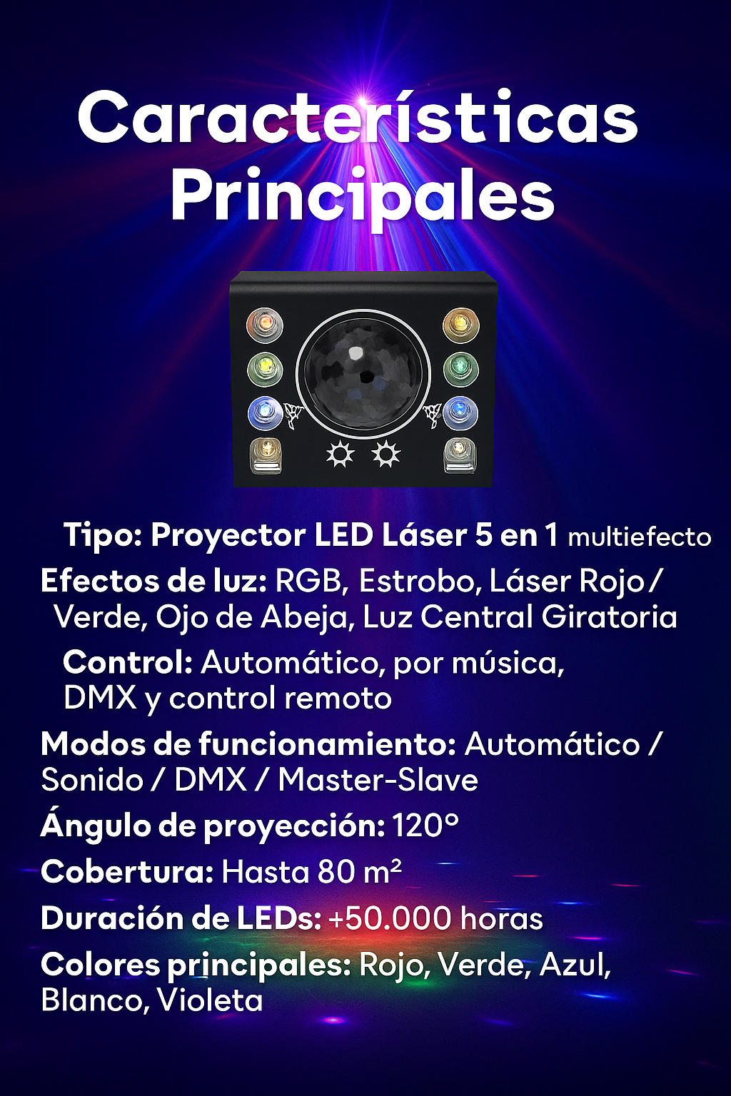PROYECTOR LED LASER 5 EN 1 MULTIEFECTO PROFECIONAL