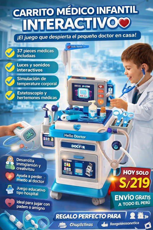 CARRITO MEDICO INFANTIL INTERACTIVO DE 37 PIEZAS