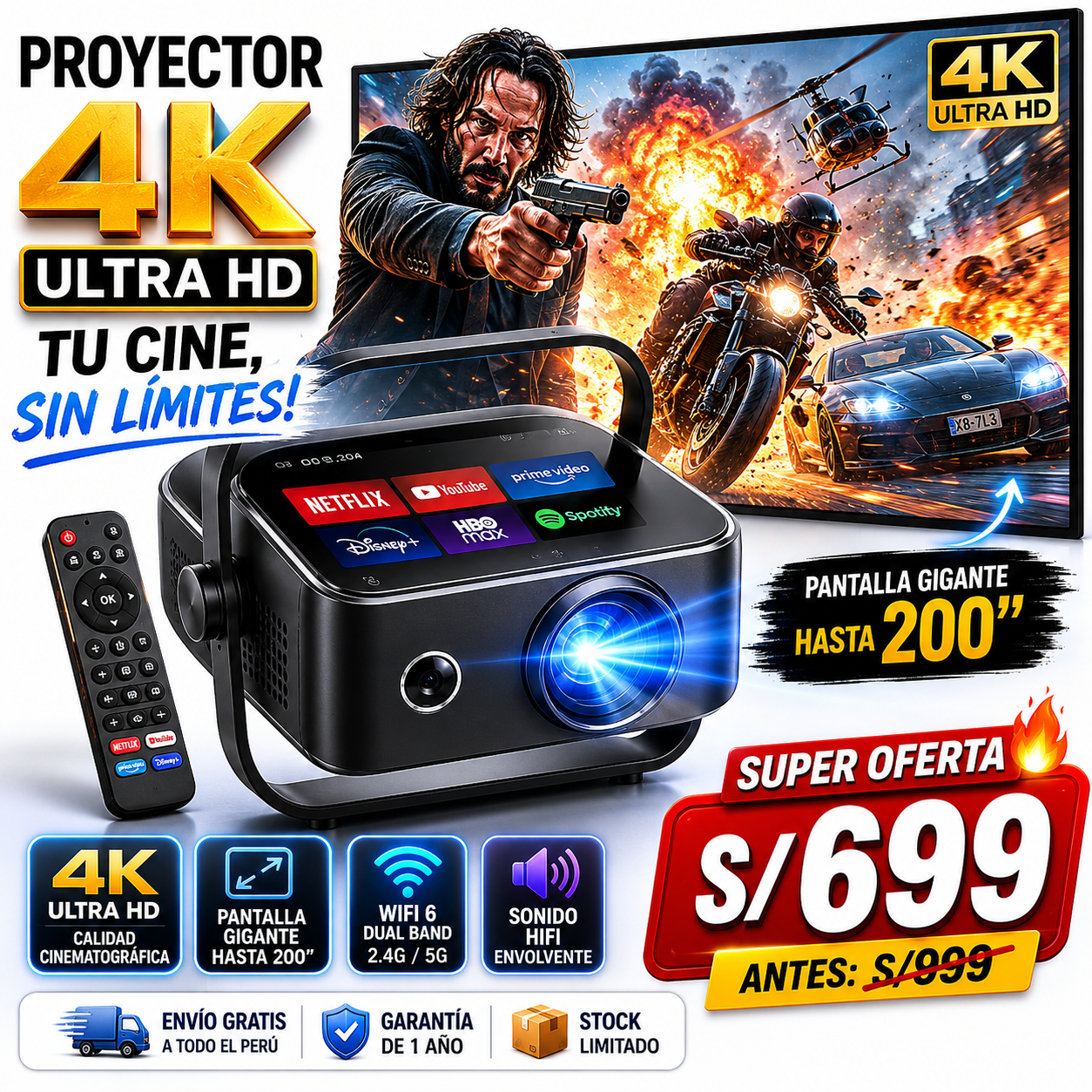 PROYECTOR CON PANTALLA TACTIL DE 200 PULGDAS 4K