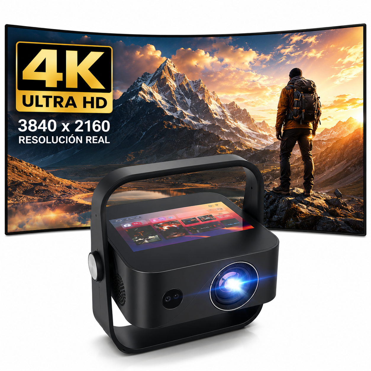 PROYECTOR CON PANTALLA TACTIL DE 200 PULGDAS 4K