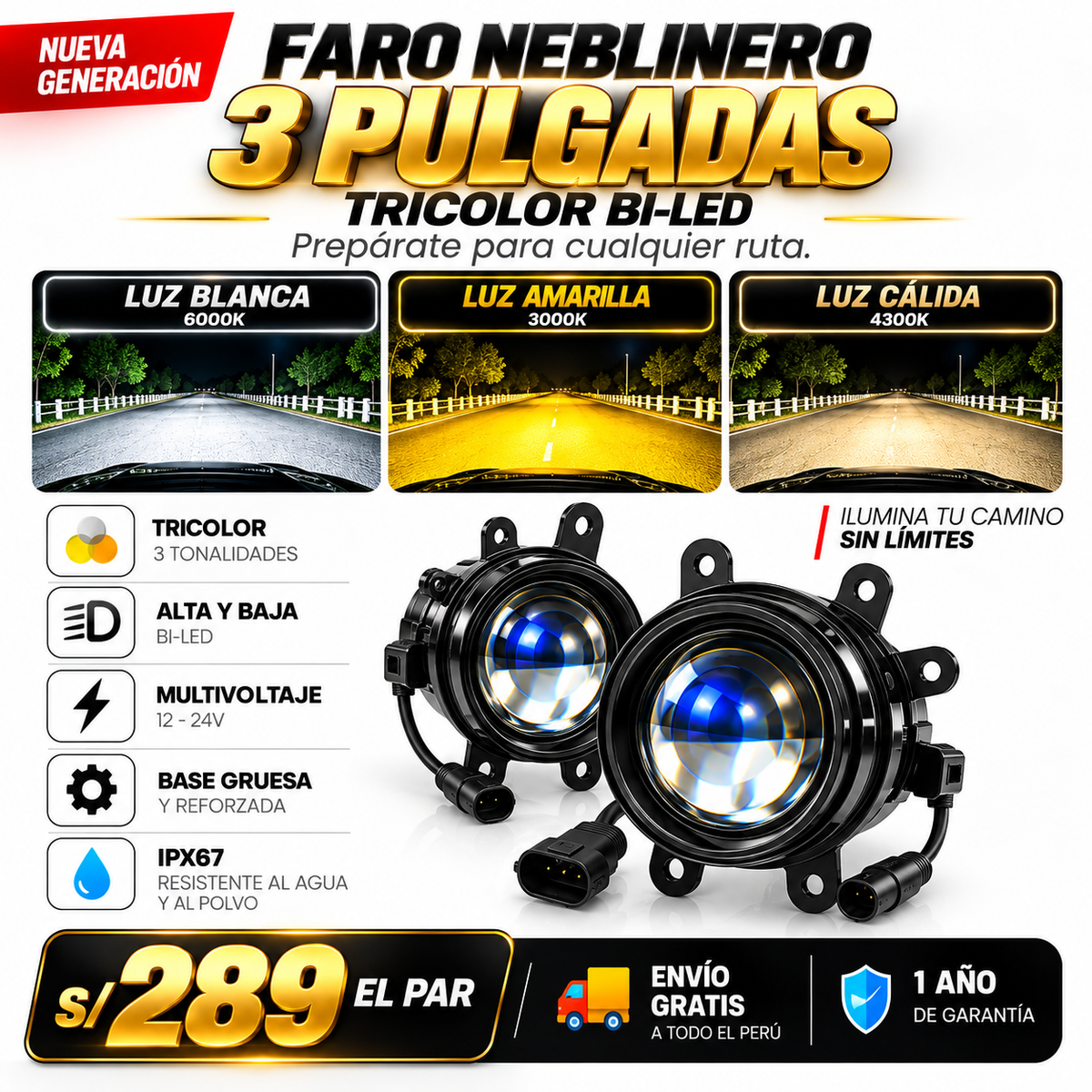 FARO NEBLINERO BI-LED 3" TRICOLOR